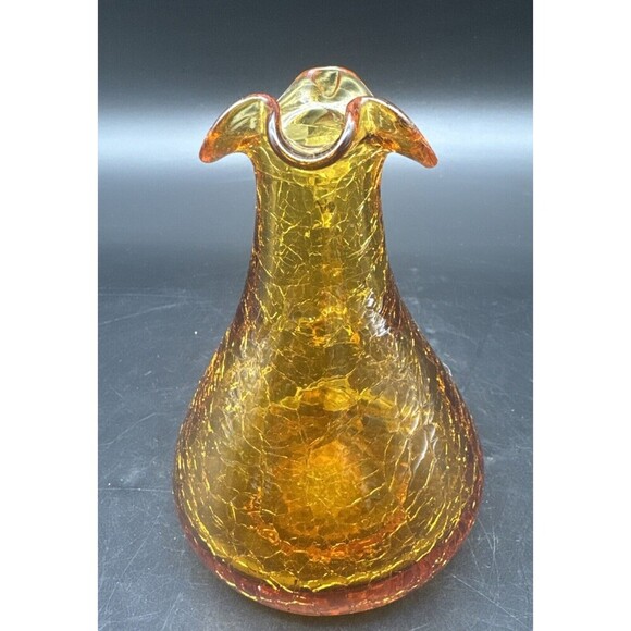 VTG Pilgrim Glass AMBER Crackle Pitcher Vase Ruffle Top Applied Handle 4.5” - Picture 4 of 9